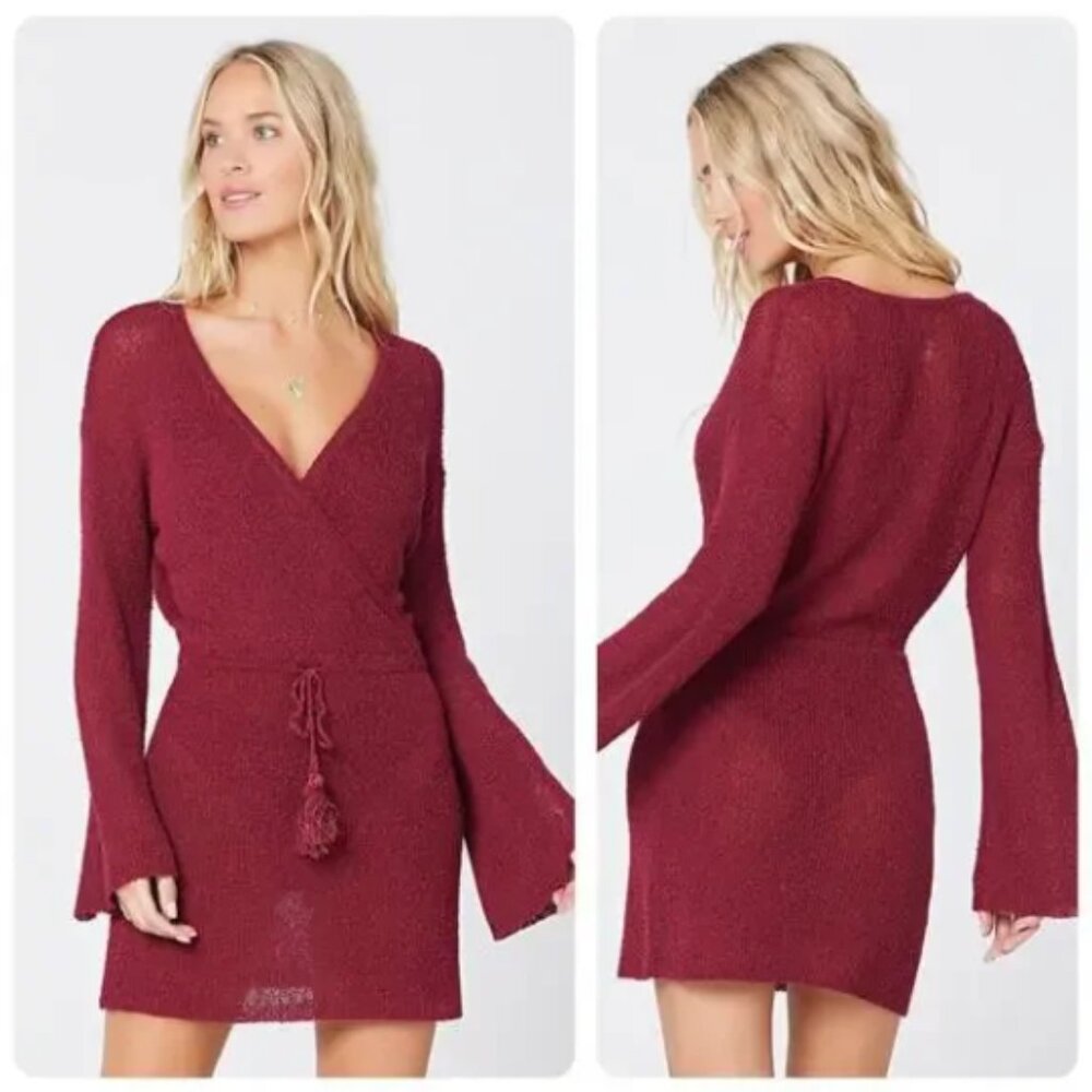 L* Space Swim Cover-Up Topanga Sweater Knit Tie Waist Red Cabernet Medium NEW